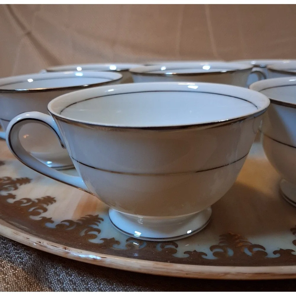 Style House Fine China Wedding Band Tea Cups Set of 8 Platinum Trim Japan White